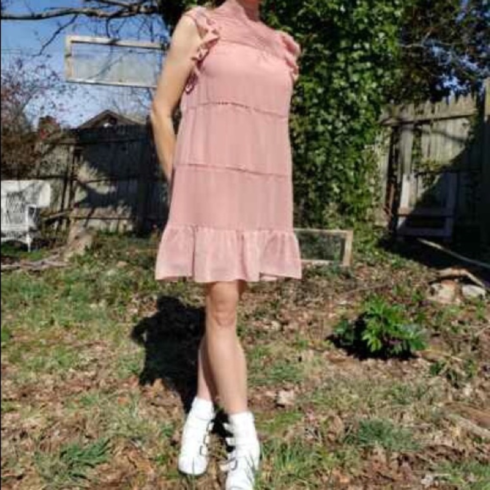 Pink high neck ruffled dress